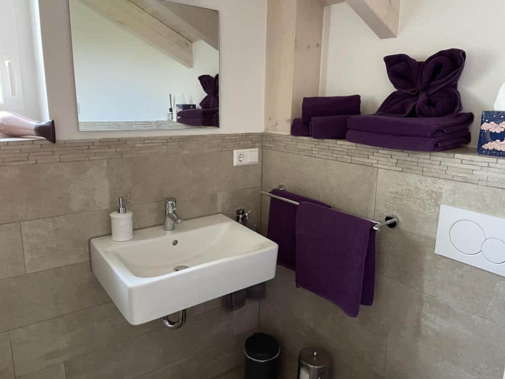 Das Badezimmer im OG mit Handwaschbecken und Handtüchern.